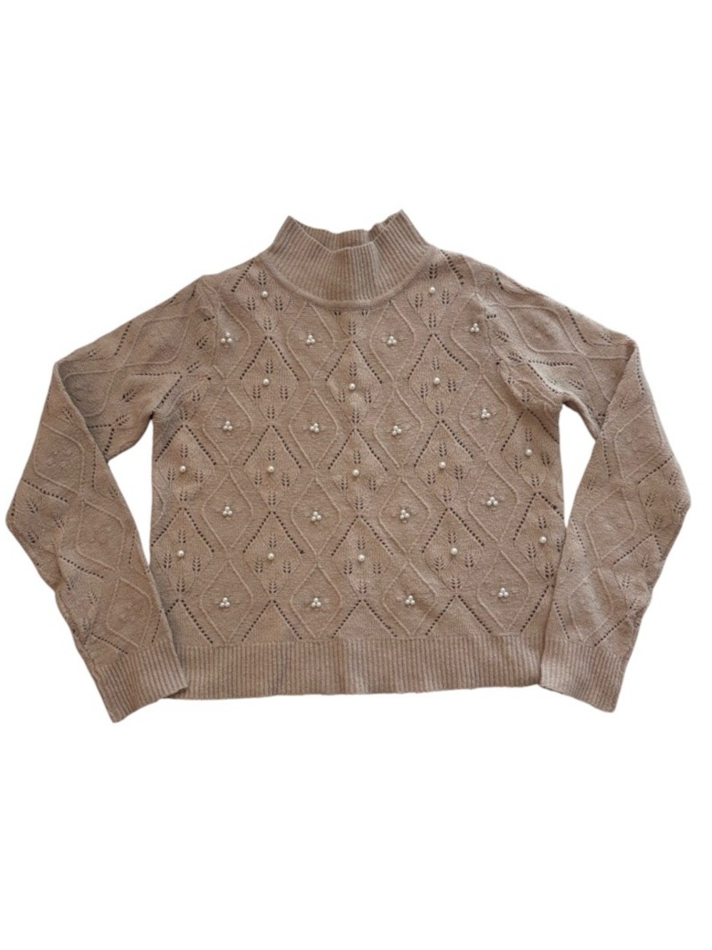 Thread & Hem Beaded Taupe Mock Neck Sweater